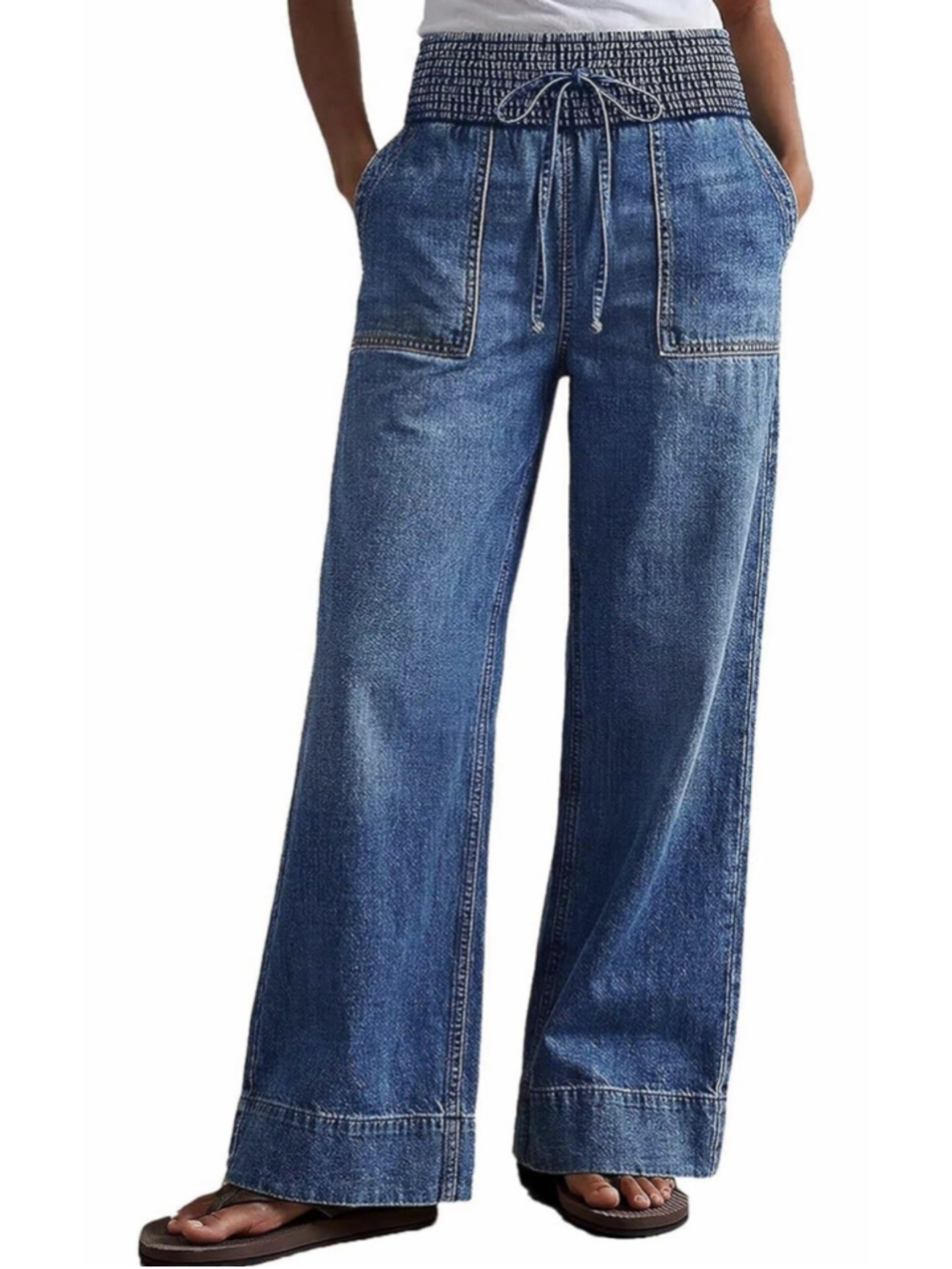 Flamingals Straight Leg High Rise Wash Drawstring Shirred Jeans XS